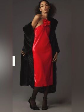 Red Sequin One-Shoulder Midi Dress with Floral Accent